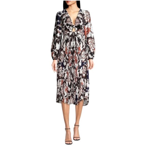Delfi Collective Dress Women Medium‎ Black Claudine Printed Stretch Crepe Midi - Picture 1 of 10